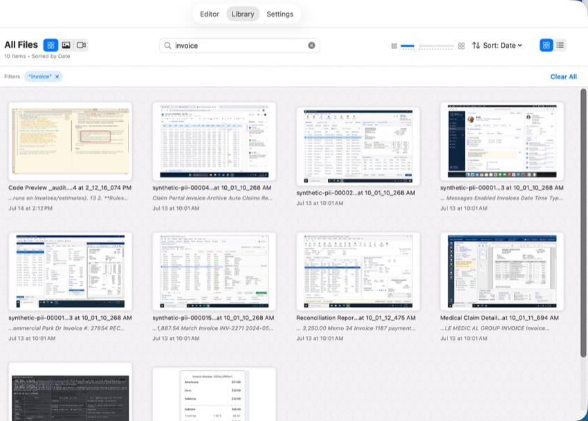 The Library in grid view with OCR full-text search