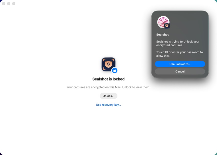 Sealshot locked: captures encrypted on this Mac, unlocking with Touch ID