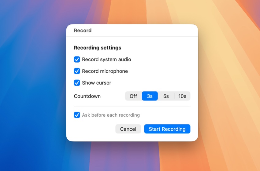 The Record prompt with system audio, microphone, cursor, and countdown options